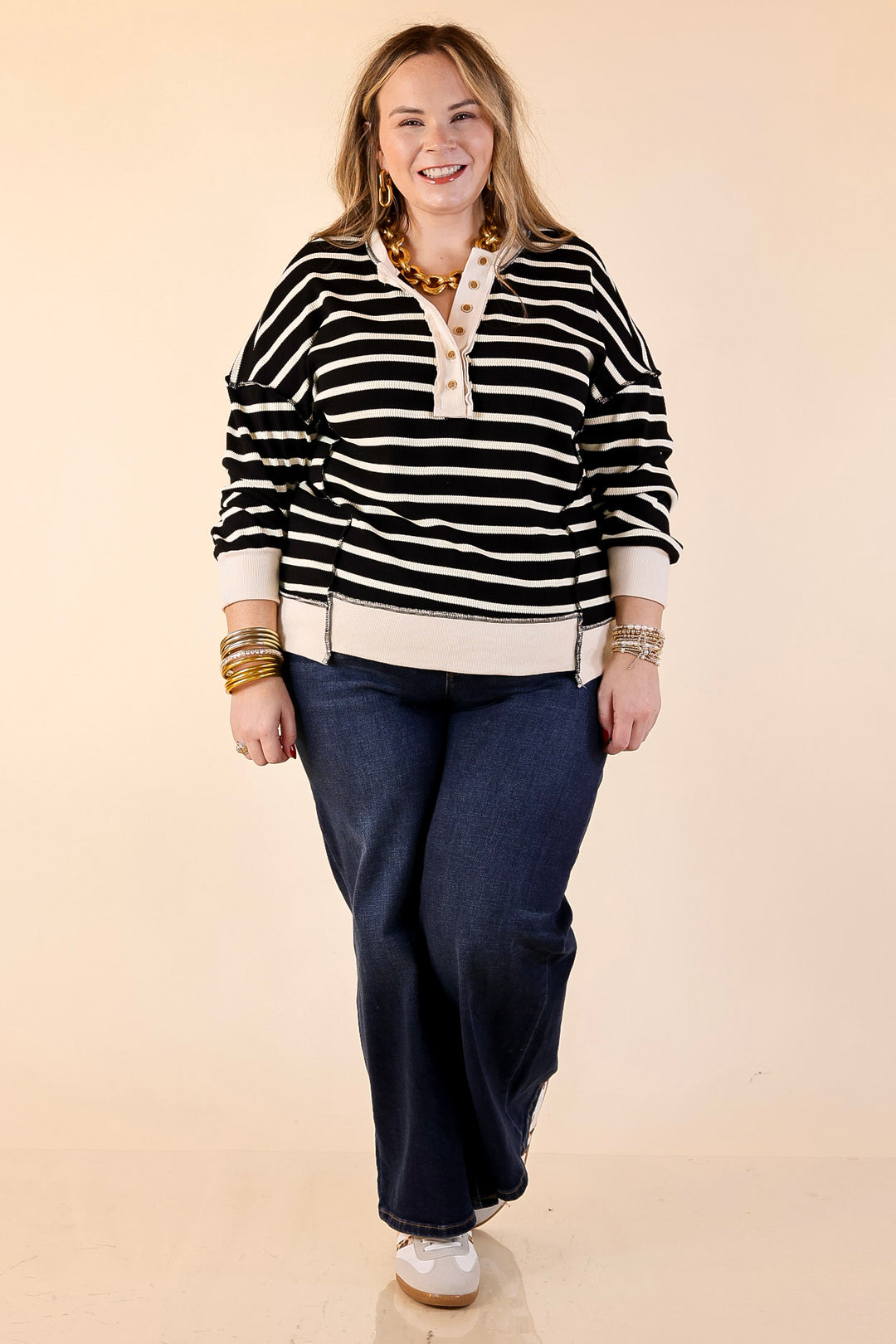 Casual Edge Long Sleeve Striped Henley Knit Top with Dropped Shoulders in Black with Ivory Stripes