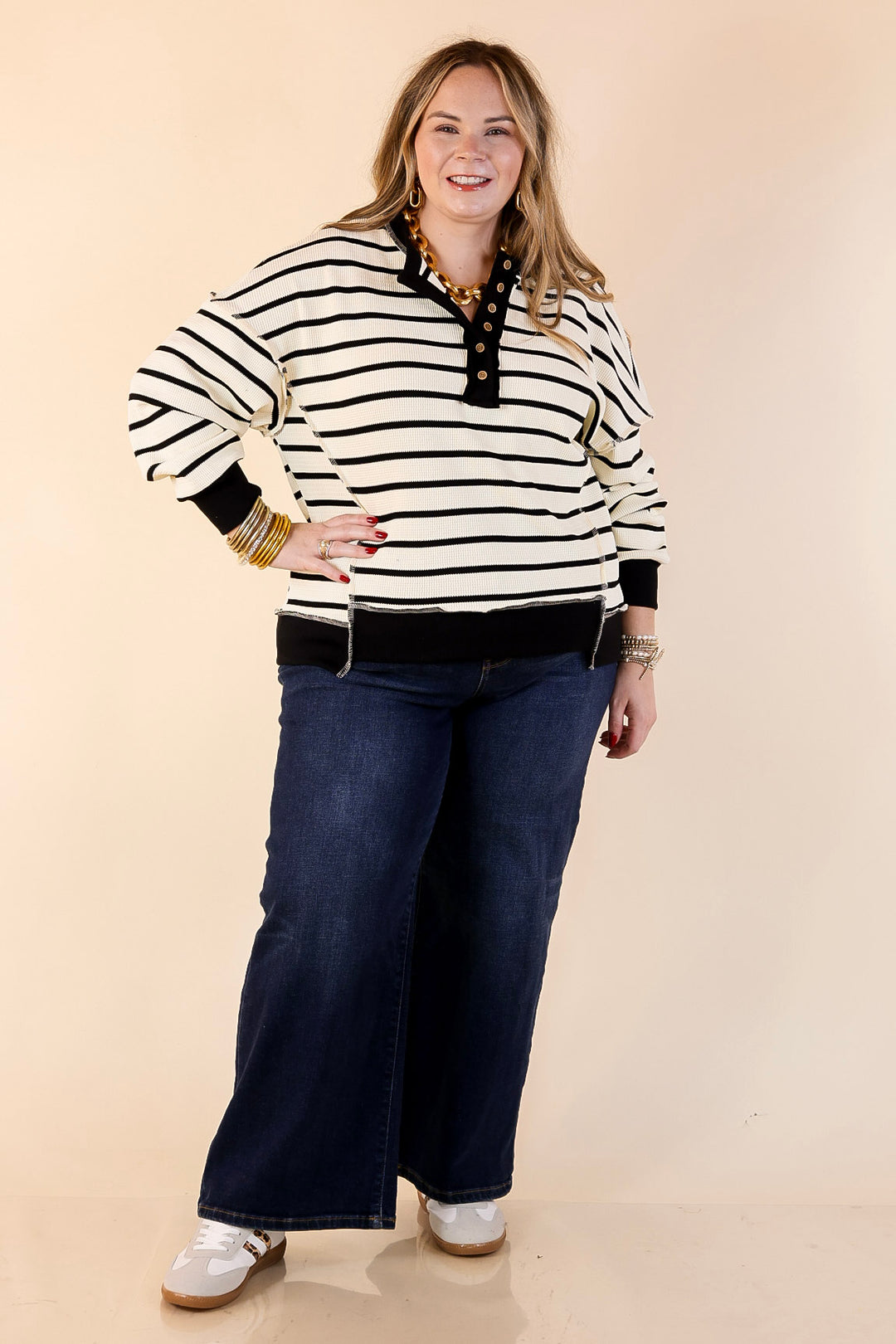 Casual Edge Long Sleeve Striped Henley Knit Top with Dropped Shoulders in Ivory with Black Stripes