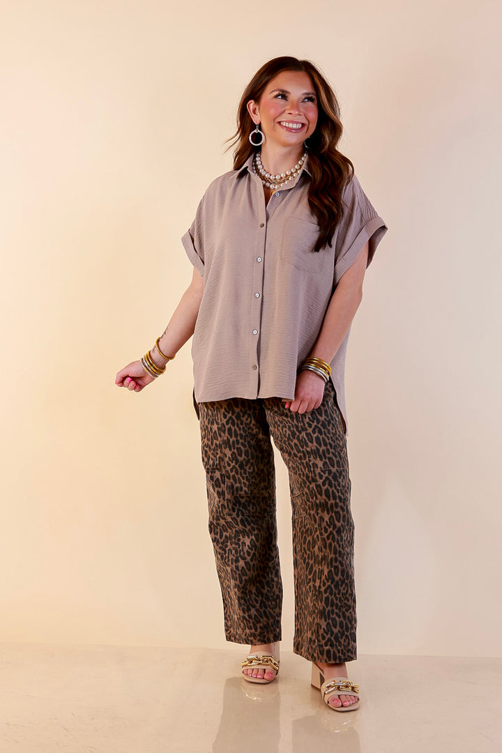 Timeless Appeal Woven Airflow Button Front Top with Rolled Cuff Short Sleeves and Front Pocket in Light Mocha Brown