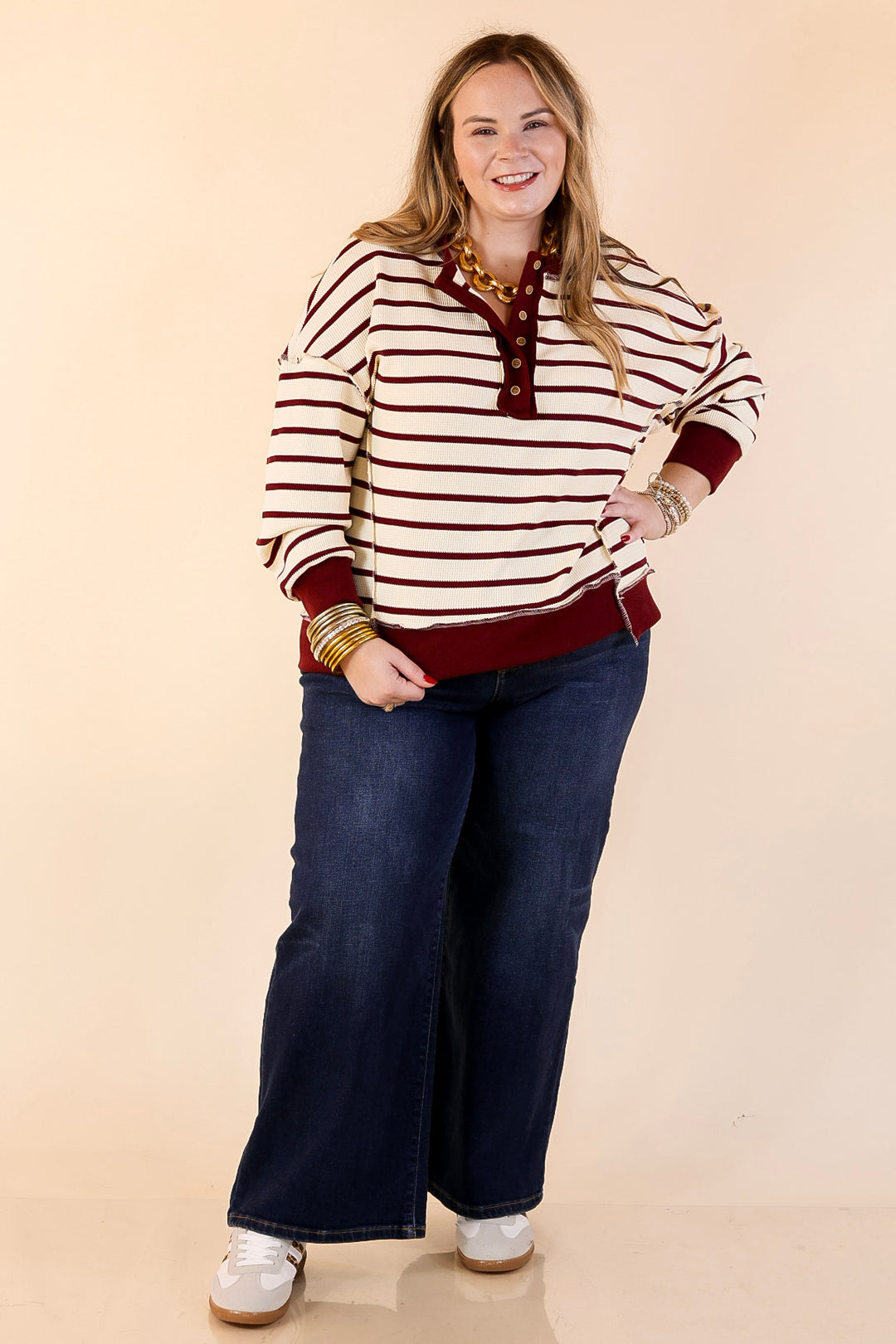 Casual Edge Long Sleeve Striped Henley Knit Top with Dropped Shoulders in Ivory with Maroon Stripes