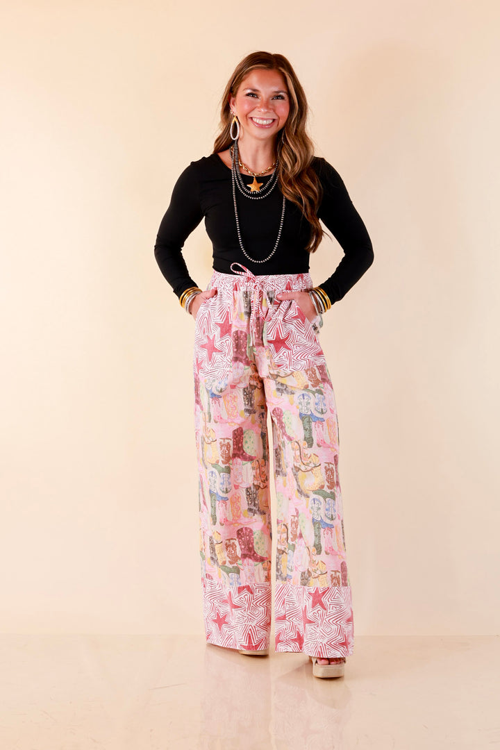 Pairs Well with Others Boots and Stars Mixed Print Drawstring Pants with Elastic Waistband in Red Mix