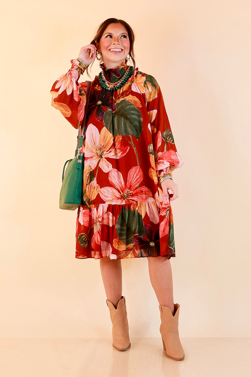 Autumn Romance Ruffle Neck Long Sleeve Floral Peplum Dress in Rust Red Multi