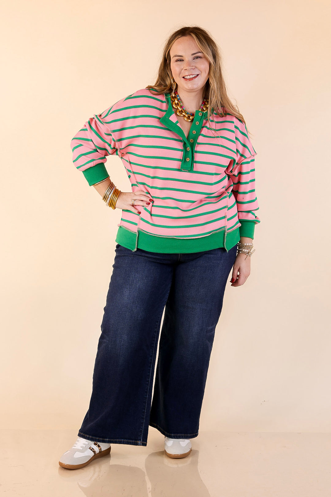 Casual Edge Long Sleeve Striped Henley Knit Top with Dropped Shoulders in Pink with Green Stripes
