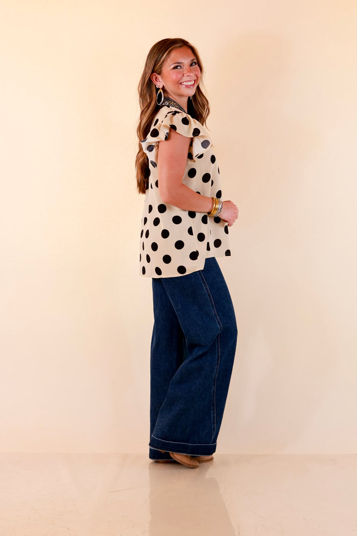 In Good Company Large Polka Dot Blouse with Ruffle Sleeves and Contrast Trim and Collar in Cream with Black Dots