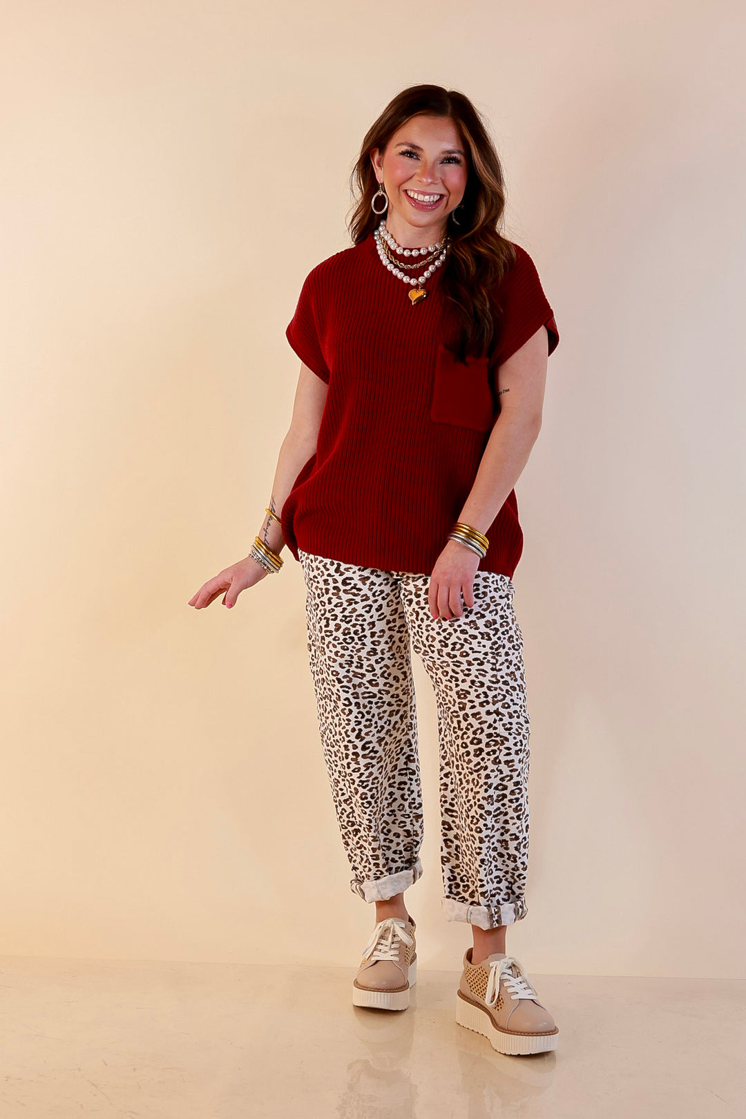 Repeat Ready Cap Sleeve Sweater with Front Pocket in Maroon