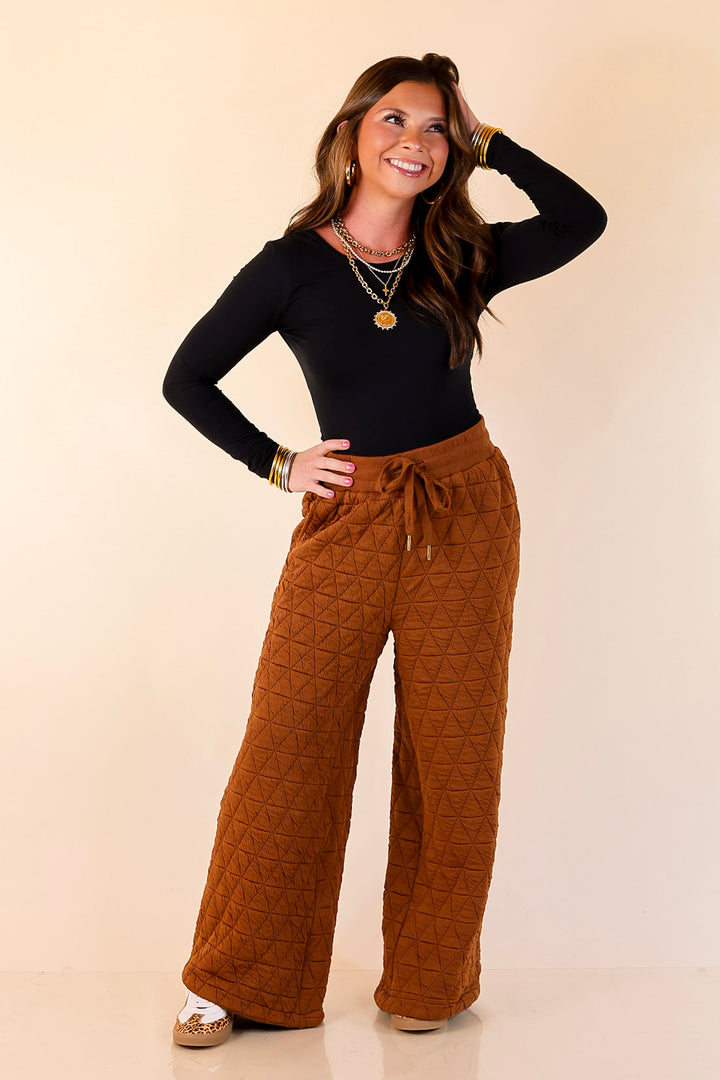 Everyday Elevated Quilted Wide Leg Drawstring Pants with Elastic Waistband in Rust Brown