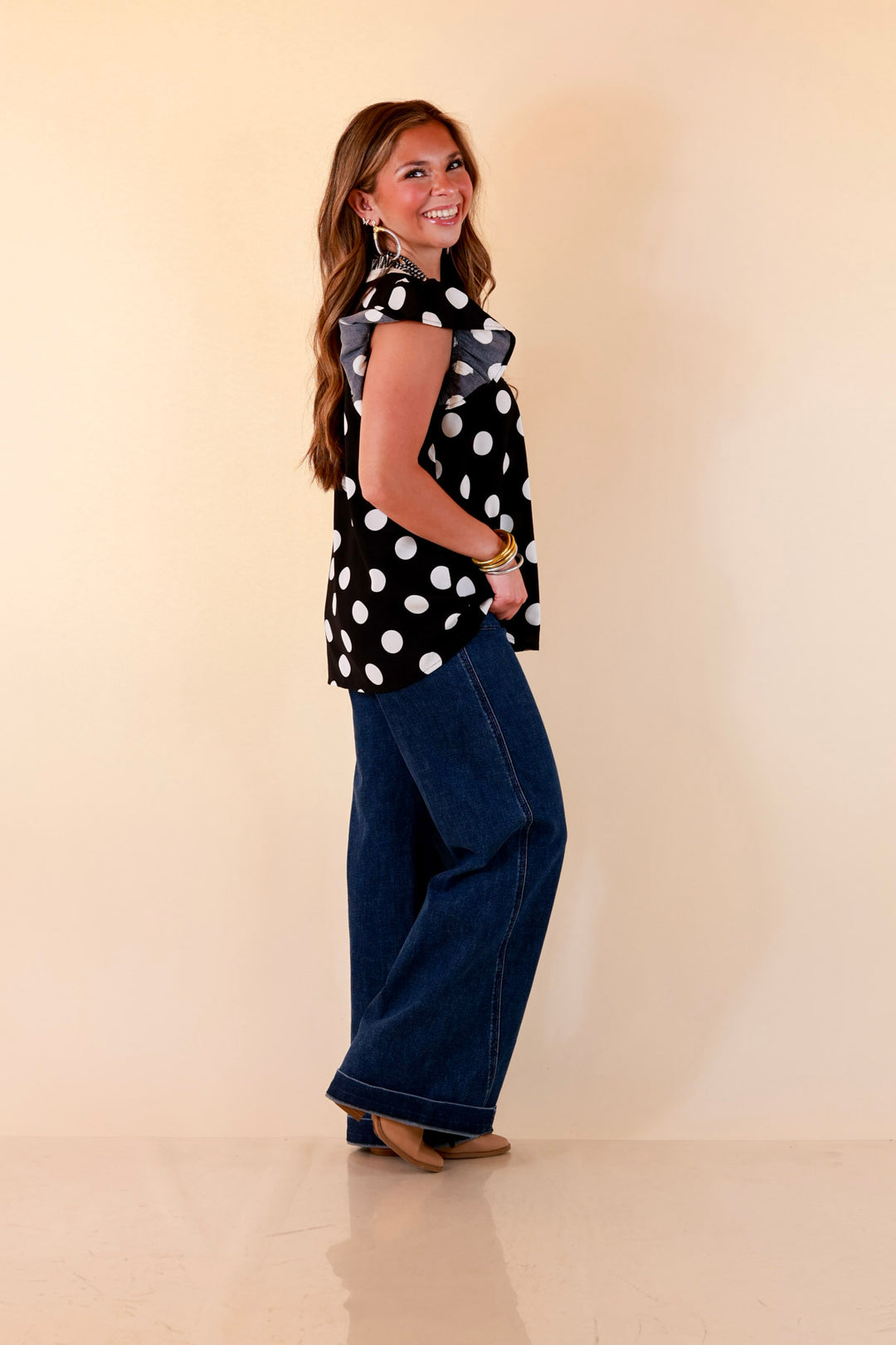 In Good Company Large Polka Dot Blouse with Ruffle Sleeves and Contrast Trim and Collar in Black with Cream Dots