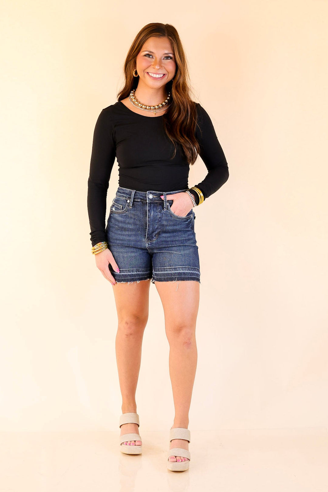 Judy Blue | Highest Honor Tummy Control Denim Shorts With Release Hem in Dark Wash