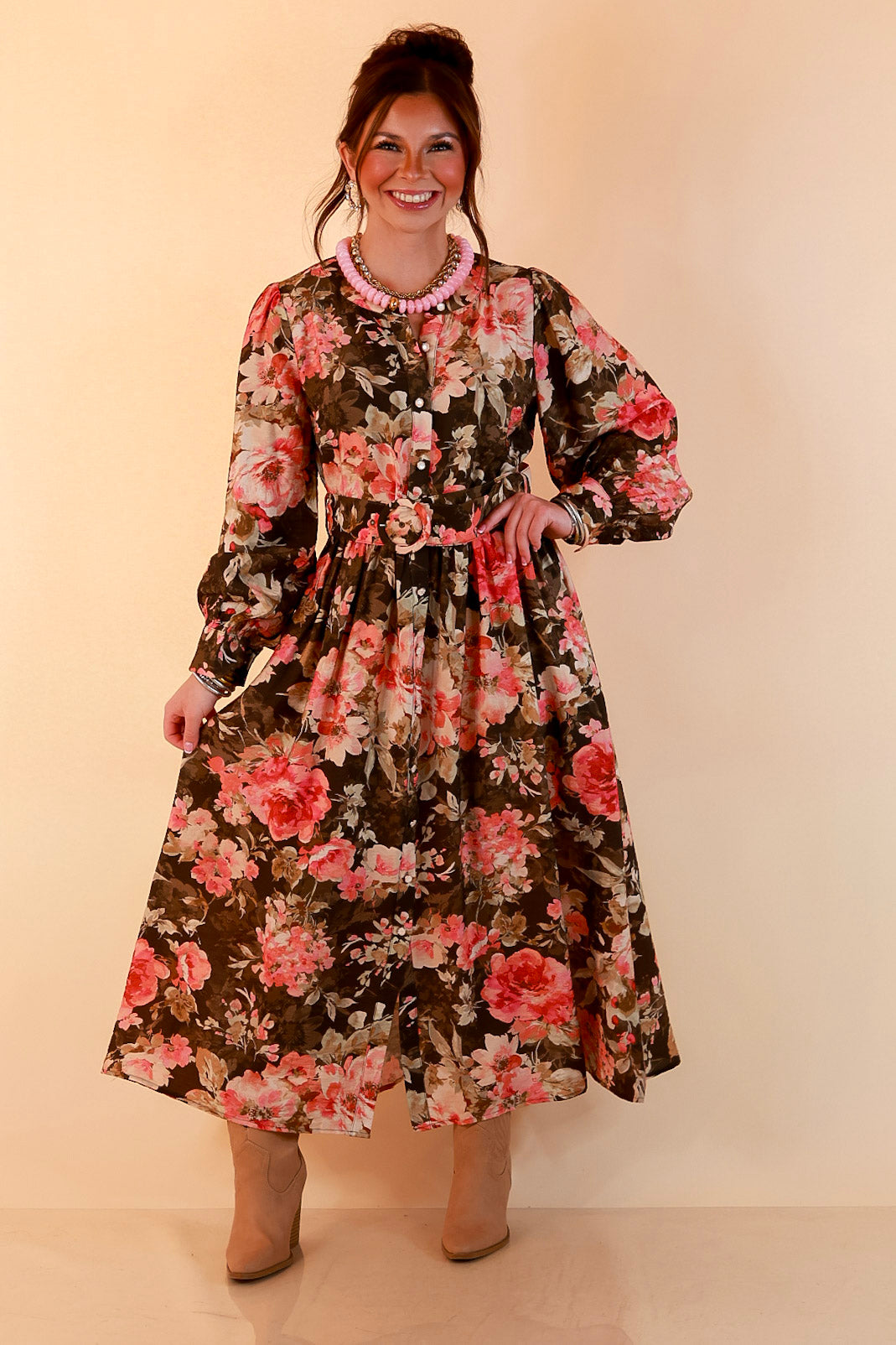 Written in the Roses Long Sleeve Floral Button Front Belted Midi Dress in Olive Green Multi