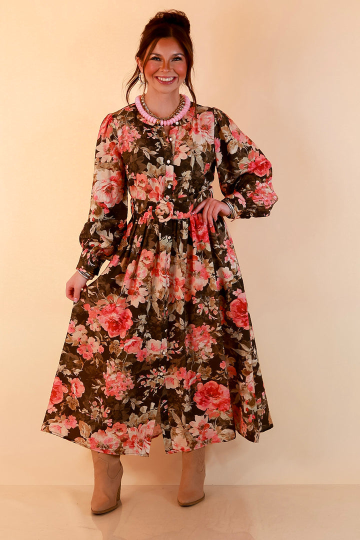 Written in the Roses Long Sleeve Floral Button Front Belted Midi Dress in Olive Green Multi