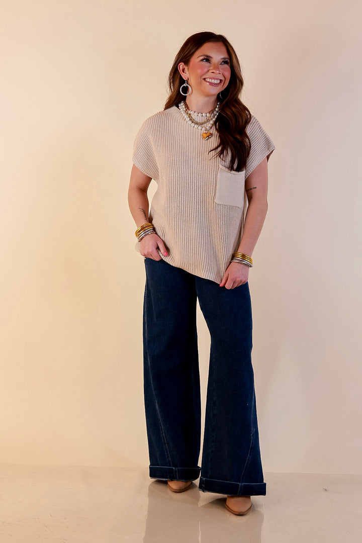 Repeat Ready Cap Sleeve Sweater with Front Pocket in Natural Beige