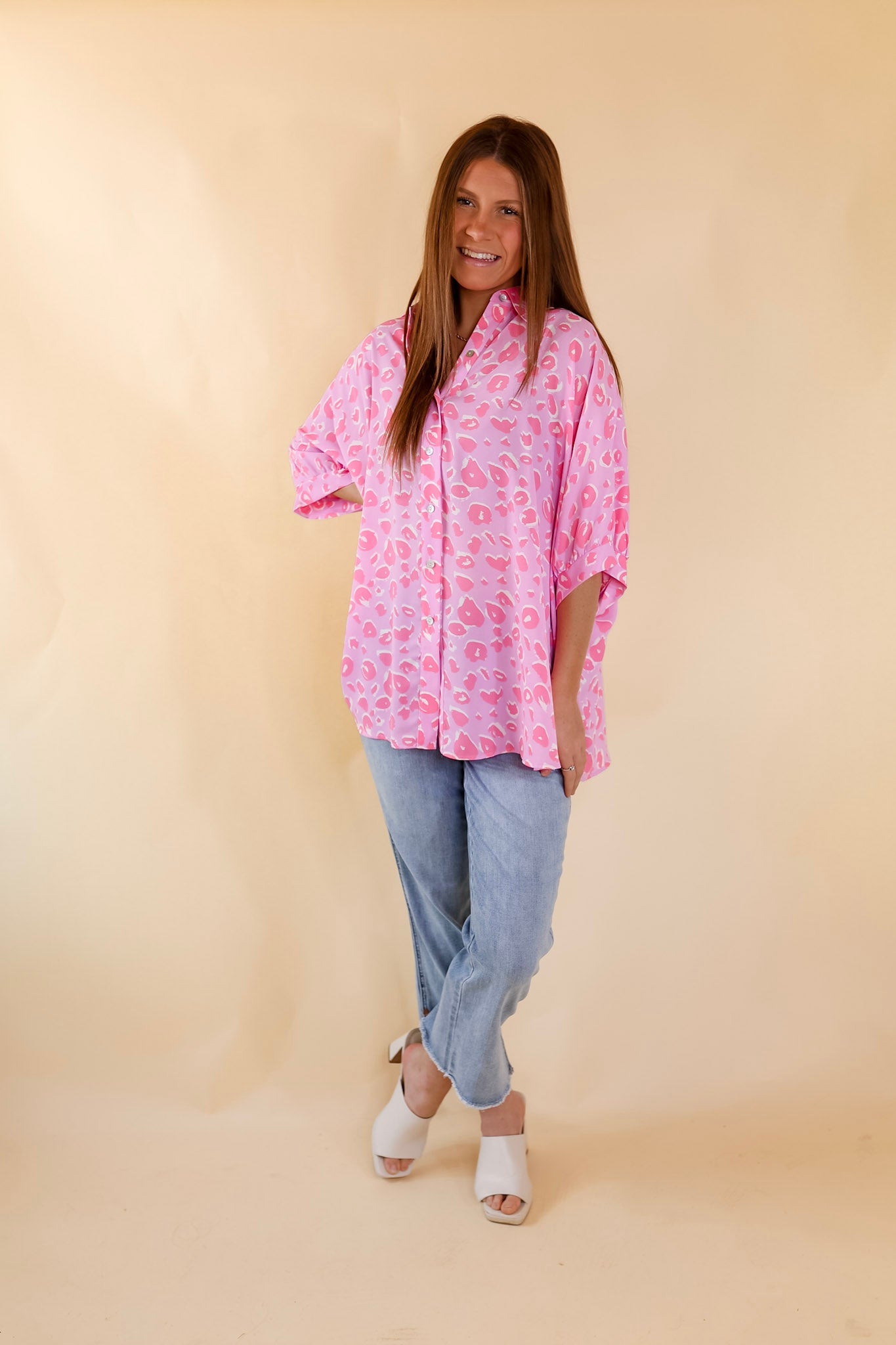 Sophisticated Sweetie Button Up Leopard Print Poncho Top in Pink - Giddy Up Glamour Boutique