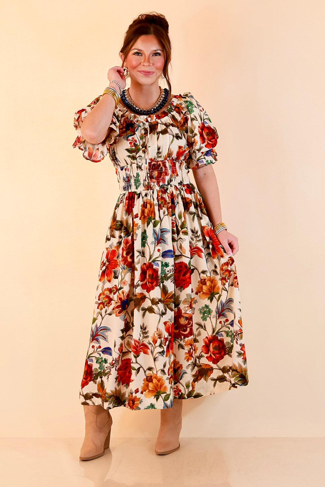 Autumn in the Air Puff Sleeve Smocked Waist Floral Print Tiered Midi Dress in Ivory Multi