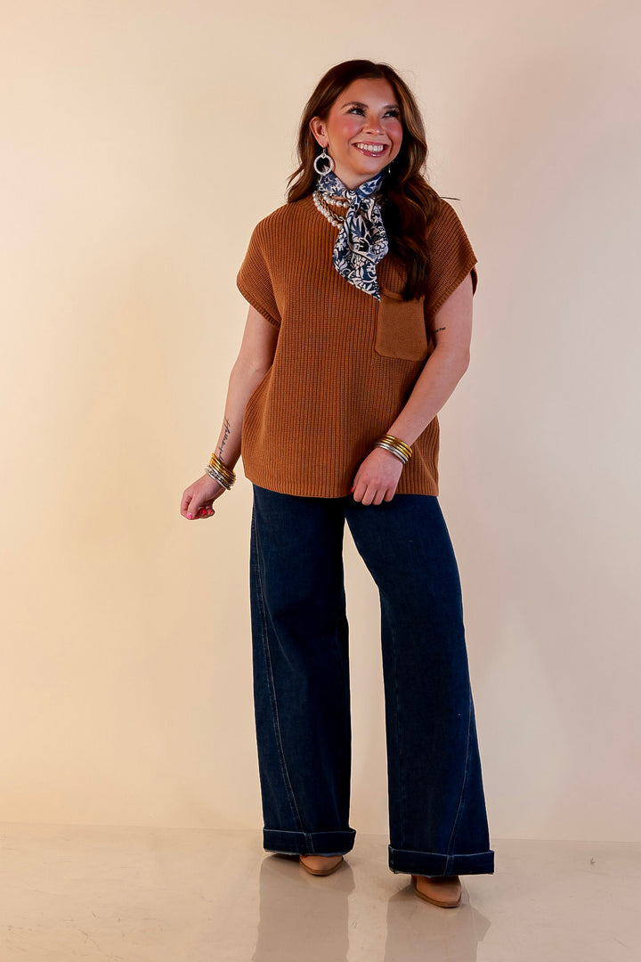 Repeat Ready Cap Sleeve Sweater with Front Pocket in Camel Brown