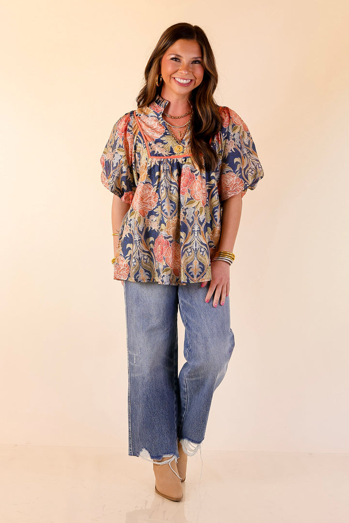 Blooming Days Ahead Floral Print V Neck Blouse with Puff Sleeves and Ruffle Trim Collar in Navy Mix