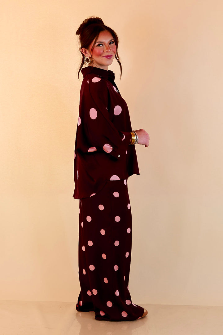 Two of a Kind Oversized Long Sleeve Button Down Blush Pink Polka Dot Blouse in Maroon