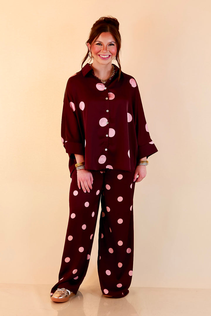 Two of a Kind Full Length Wide Leg Pull-On Drawstring Blush Pink Polka Dot Pants in Maroon