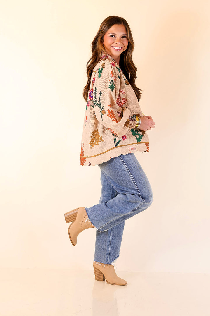 Garden Soirée Floral Print Collared Blouse with Long Balloon Sleeves in Tan