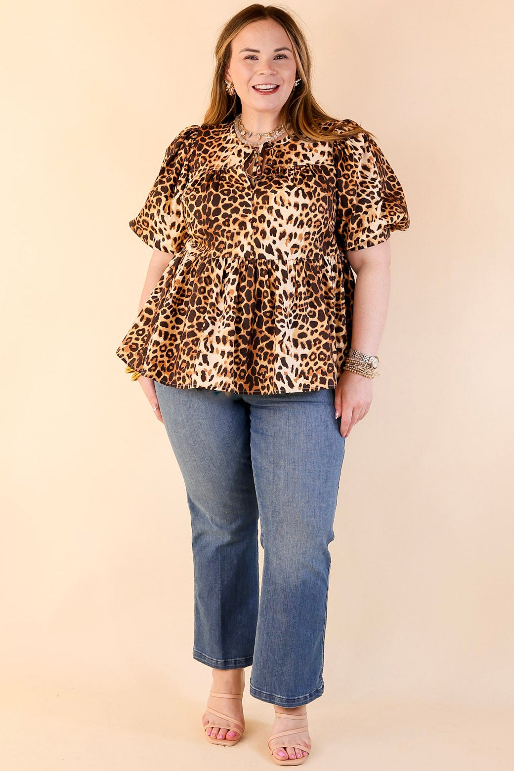 Fierce and Fab Babydoll Top with Short Puff Sleeves in Leopard Print