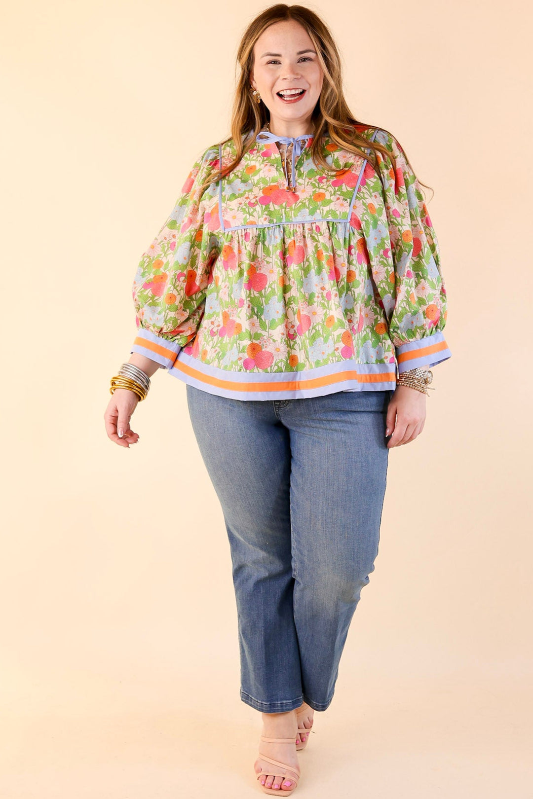 Floral Fantasy Multicolor Floral Print Top with 3/4 Sleeves