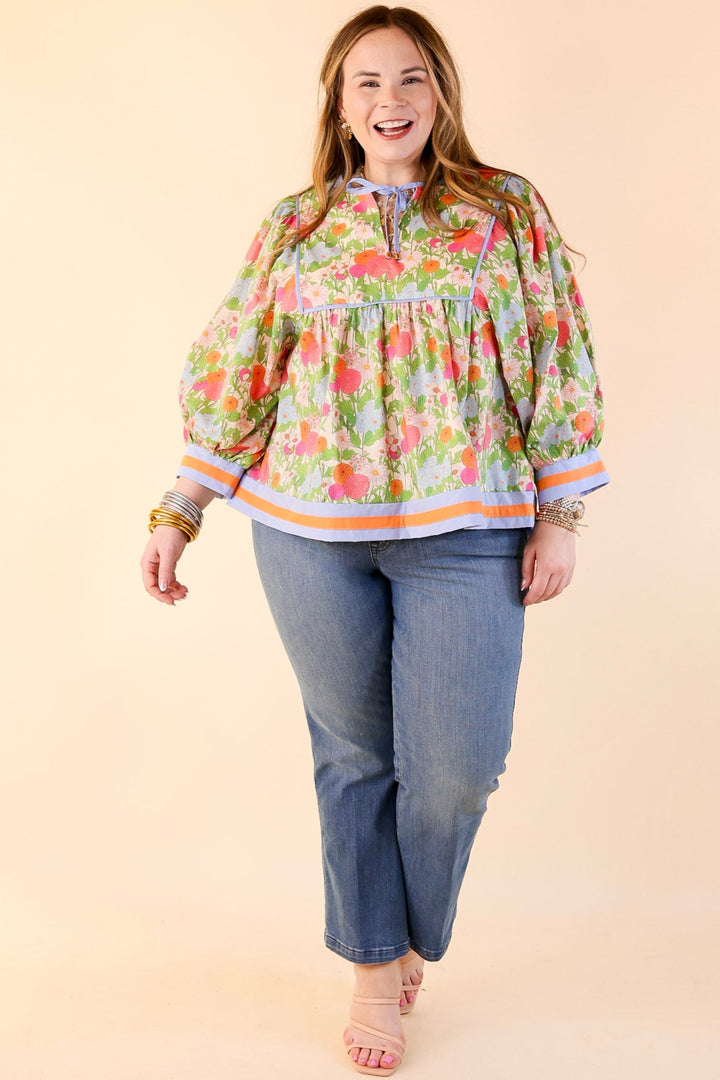 Floral Fantasy Multicolor Floral Print Top with 3/4 Sleeves