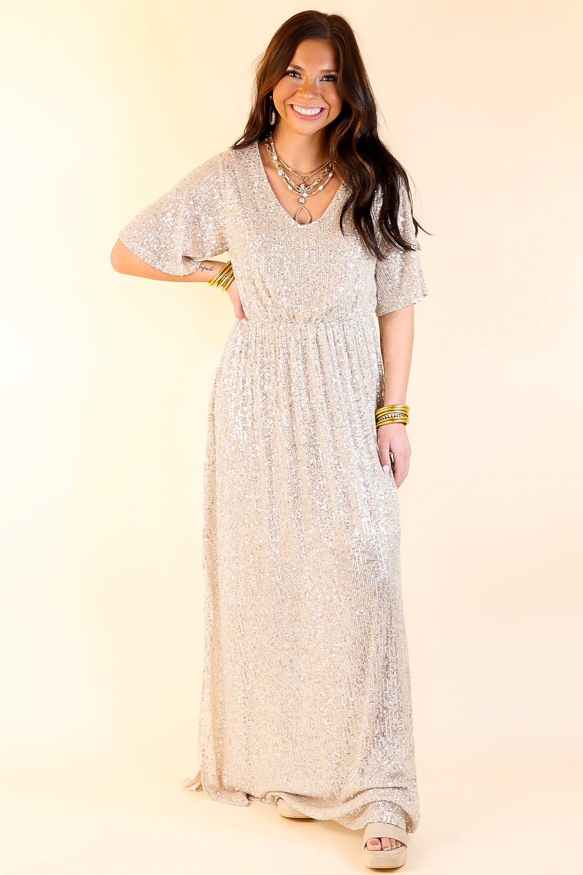 Sparkle In The City Short Sleeve Sequin Maxi Dress in Champagne