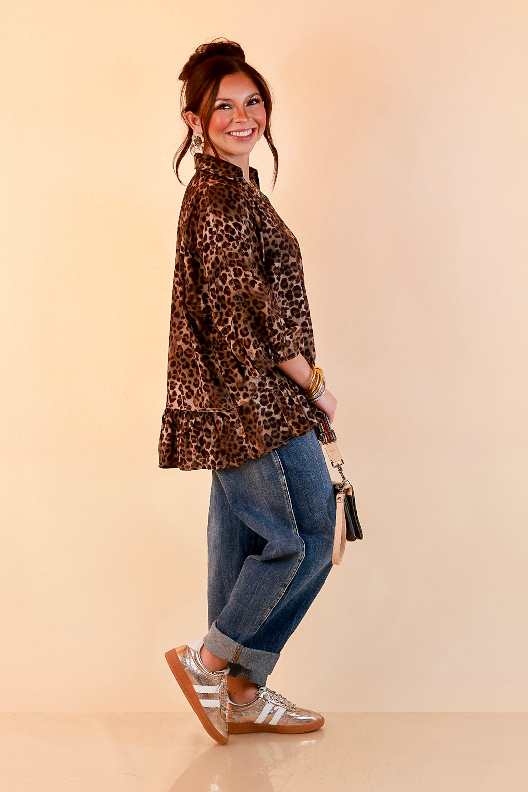 Quite the Impression Collared Button Front Leopard Print Peplum Top in Brown Multi