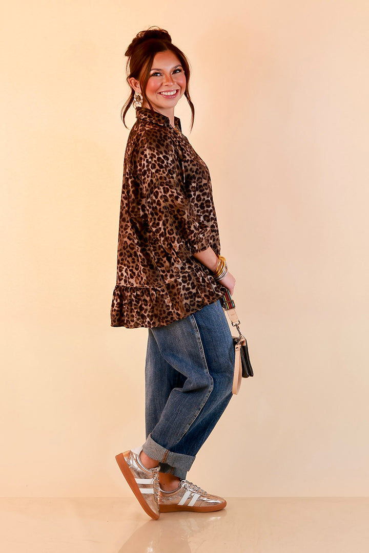 Quite the Impression Collared Button Front Leopard Print Peplum Top in Brown Multi