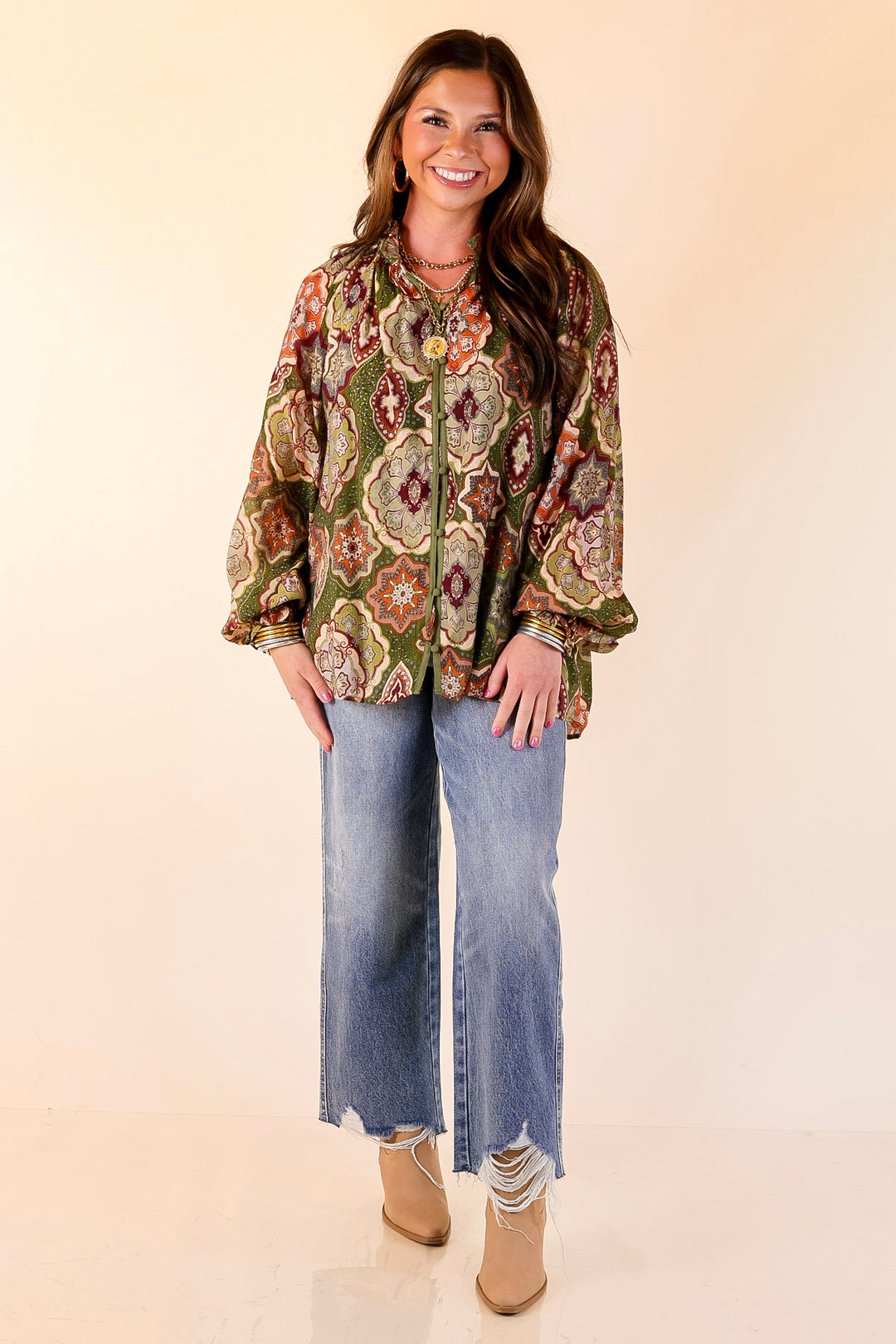 Mosaic Muse Boho Mosaic Print Long Balloon Sleeve Blouse in Olive Green, Maroon and Rust Orange