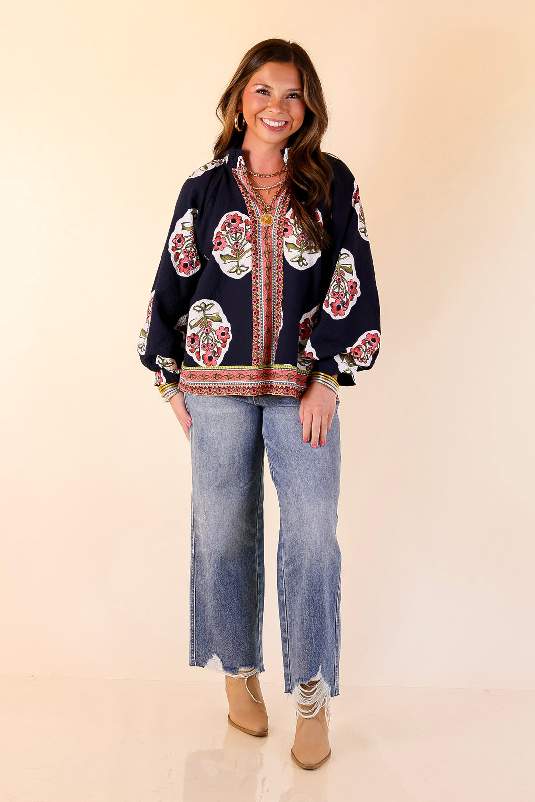 Farmer's Market Flair Floral Print V Neck Blouse with Long Balloon Sleeves in Navy