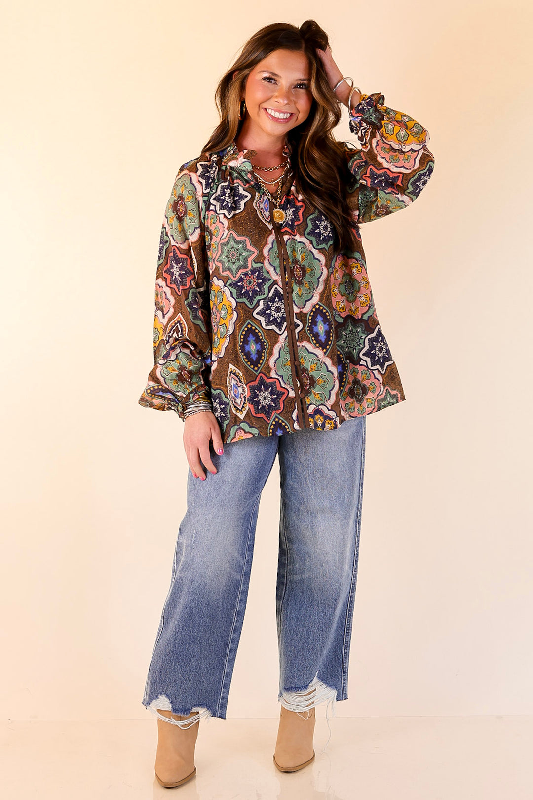 Mosaic Muse Boho Mosaic Print Long Balloon Sleeve Blouse in Brown, Pink, Navy and Cream