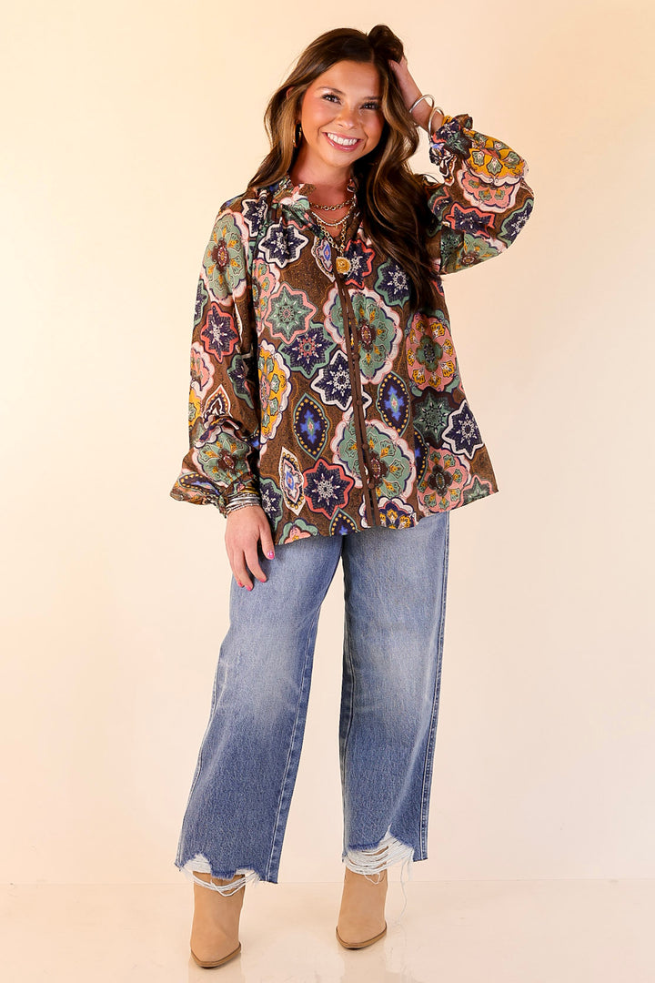 Mosaic Muse Boho Mosaic Print Long Balloon Sleeve Blouse in Brown, Pink, Navy and Cream