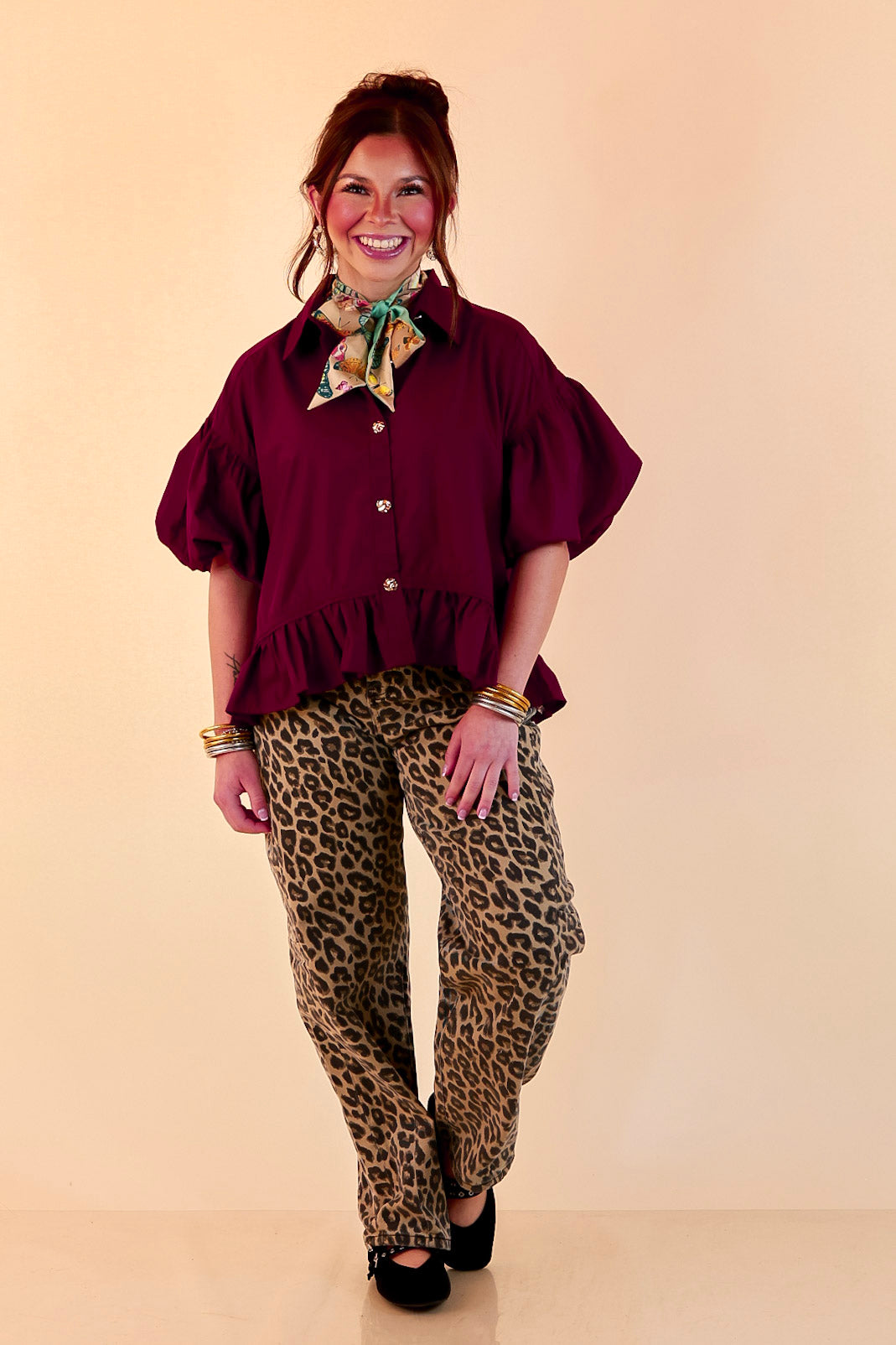 Style in Session Solid Button Down Peplum Bubble Sleeve Top in Maroon