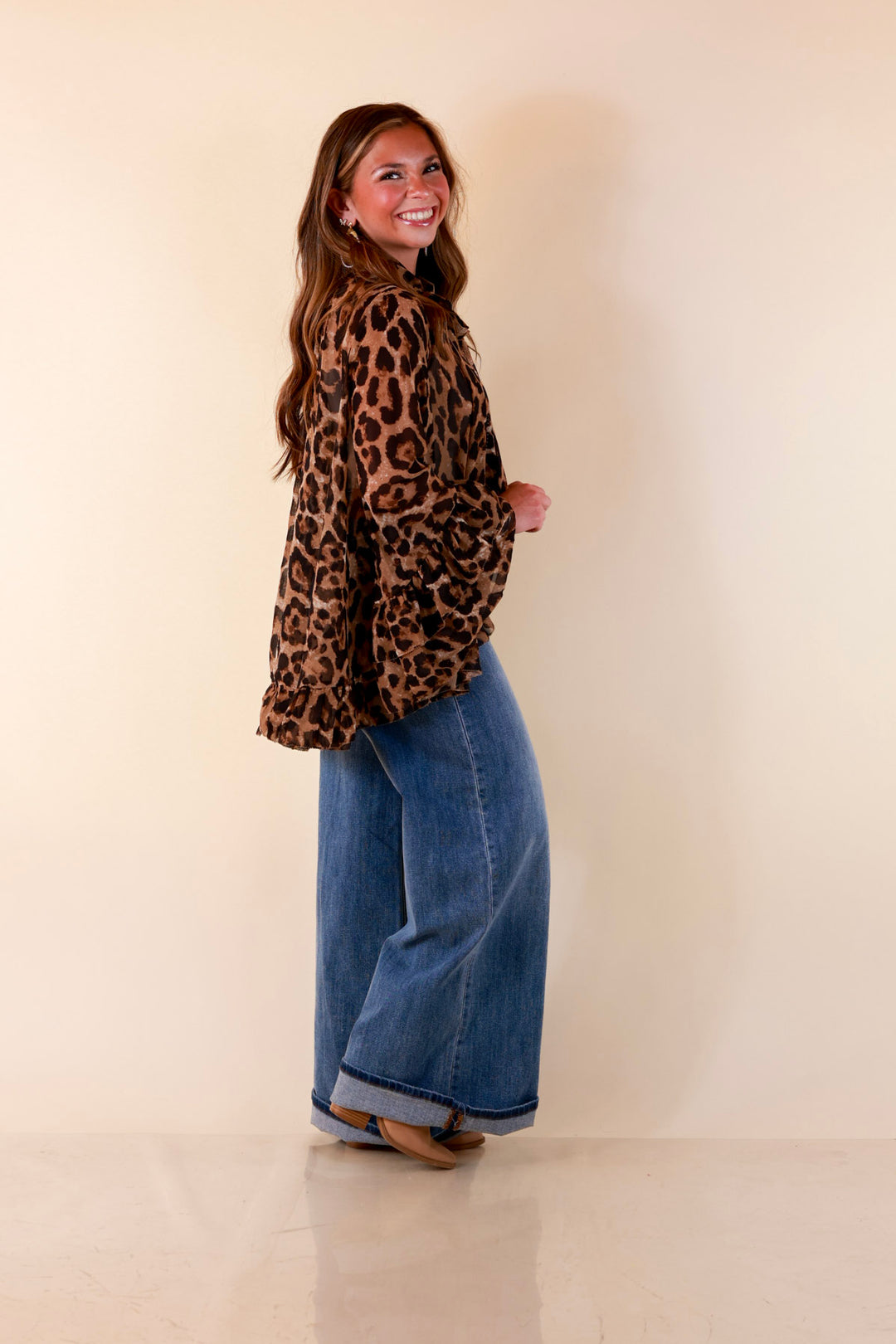 Flirt Factor Long Sleeve Sheer Blouse with Bell Sleeves and Ruffle Detailing and Tie Collar in Leopard Print