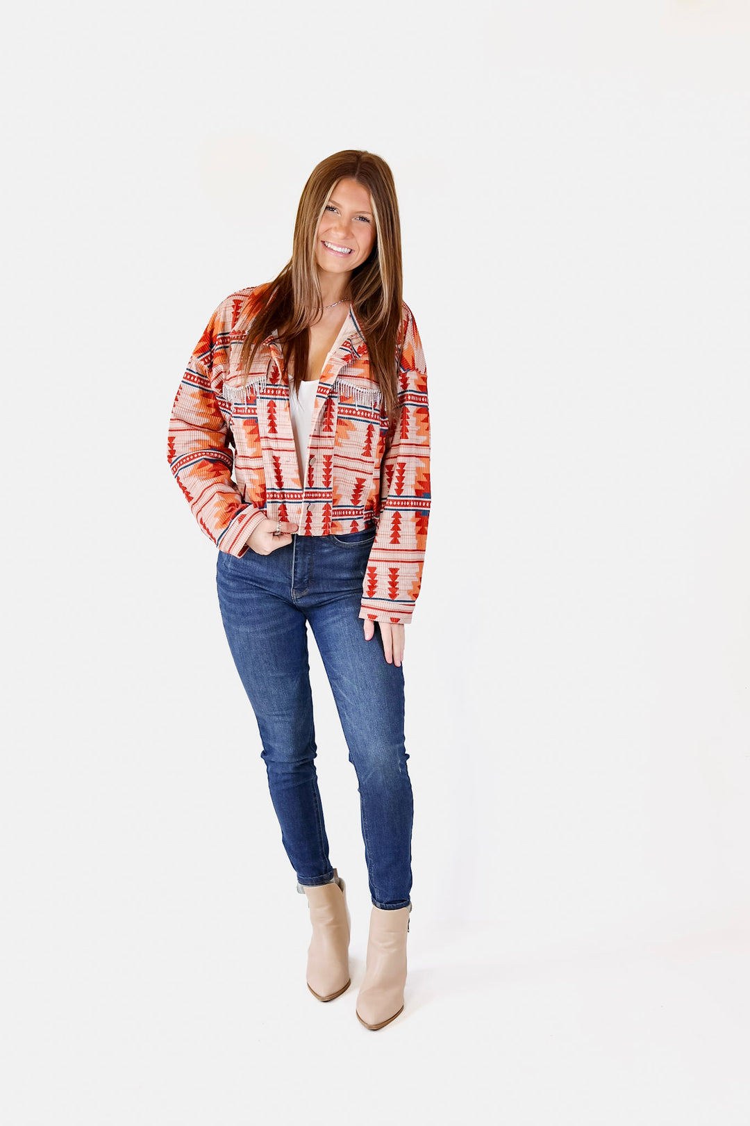 Chic Discovery Button Up Corduroy Aztec Print Jacket with Crystal Fringe in Orange Mix - Giddy Up Glamour Boutique