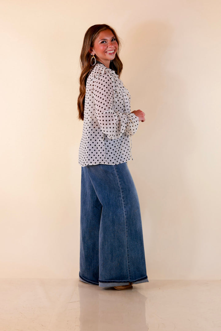 Finer Things Long Sleeve Sheer Ruffle Polka Dot Print Blouse with Balloon Sleeves in White with Black Dots