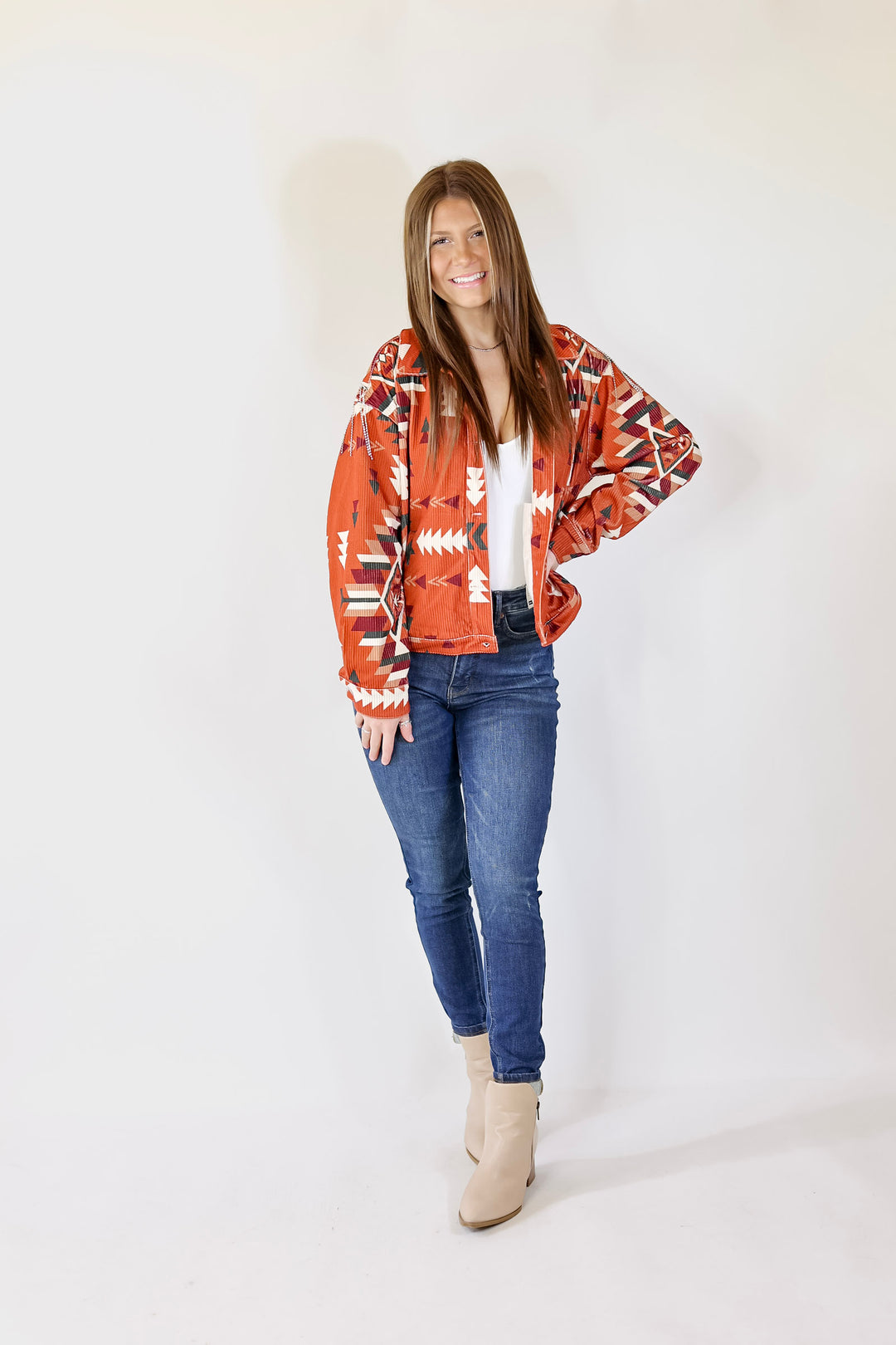 Signature Moves Aztec Print Jacket with Crystal Fringe in Rust Orange - Giddy Up Glamour Boutique