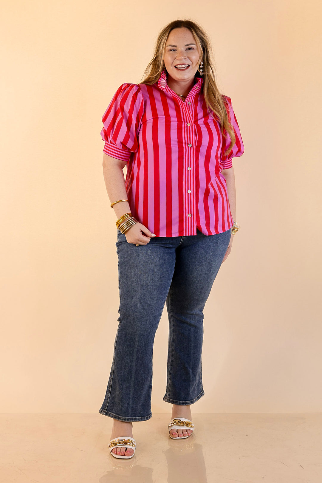Bold Bliss Button Front Stripe Top with Puff Sleeves and Ruffle Collar in Pink and Red
