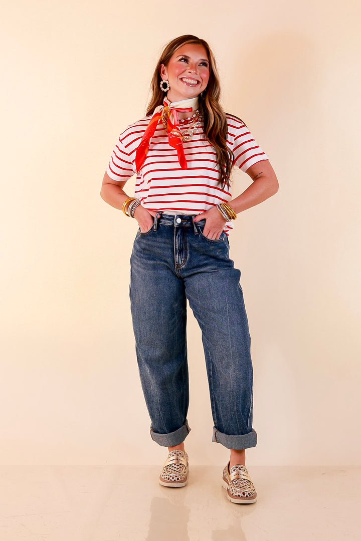 The Daily Stripe Scoop Neck Short Sleeve Striped Tee Top in Red
