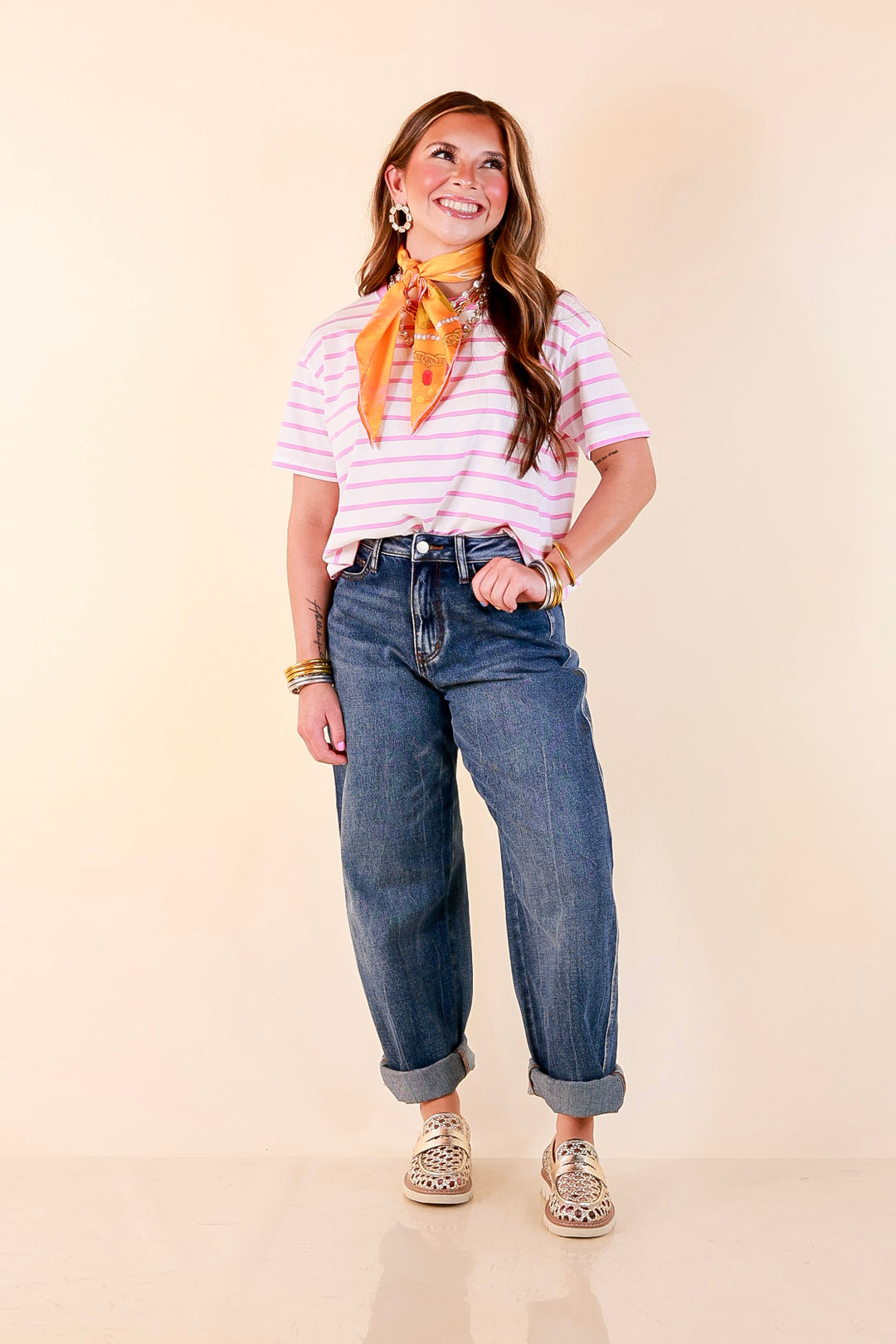 The Daily Stripe Scoop Neck Short Sleeve Striped Tee Top in Lilac Pink