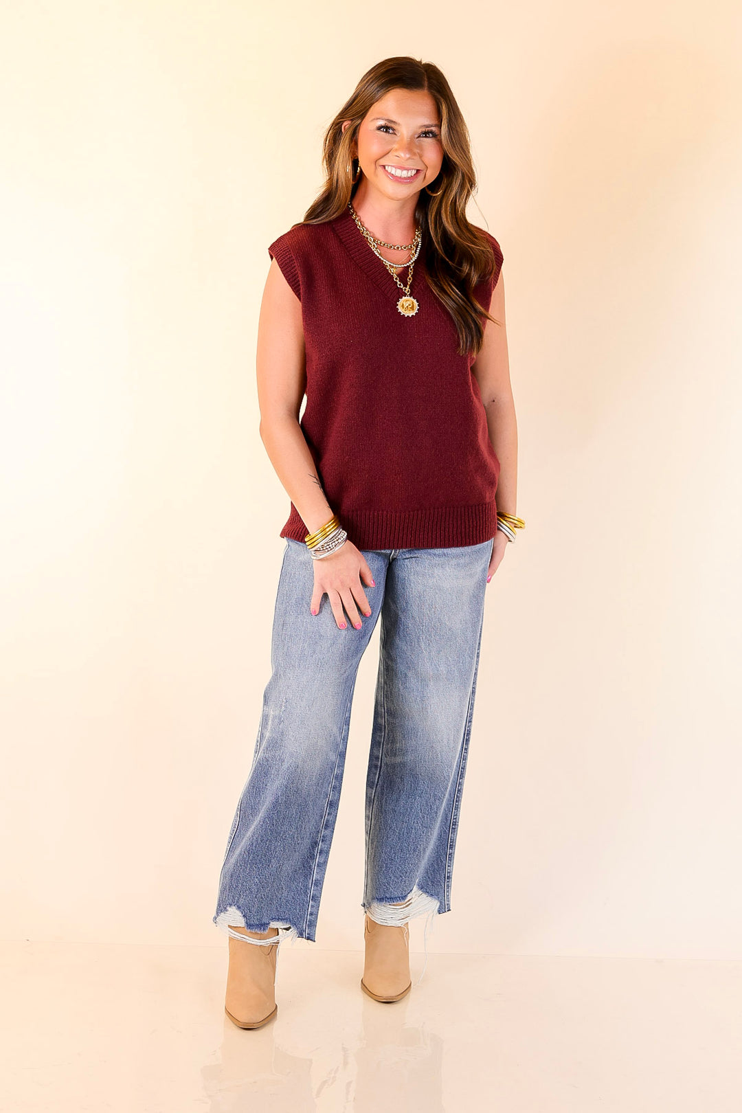 Vested Interest Knit V Neck Sweater Vest in Maroon