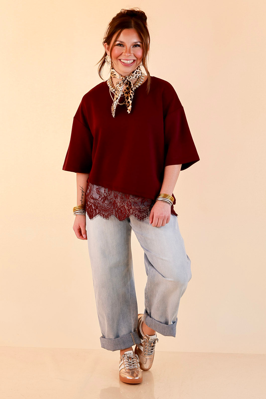 Laced with Charm Oversized Asymmetrical Lace Trim Boxy Top in Maroon