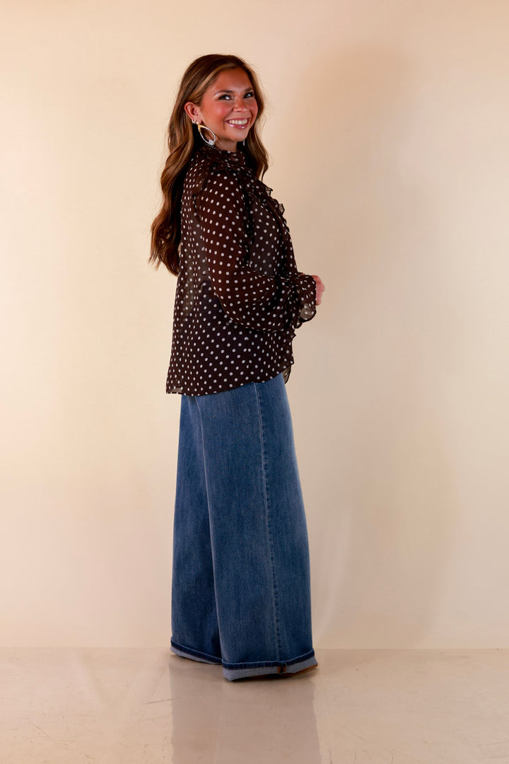 Finer Things Long Sleeve Sheer Ruffle Polka Dot Print Blouse with Balloon Sleeves in Chocolate Brown with White Dots