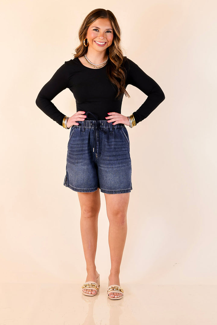 Judy Blue | Easy Company Featherweight Drawstring Denim Shorts in Dark Wash