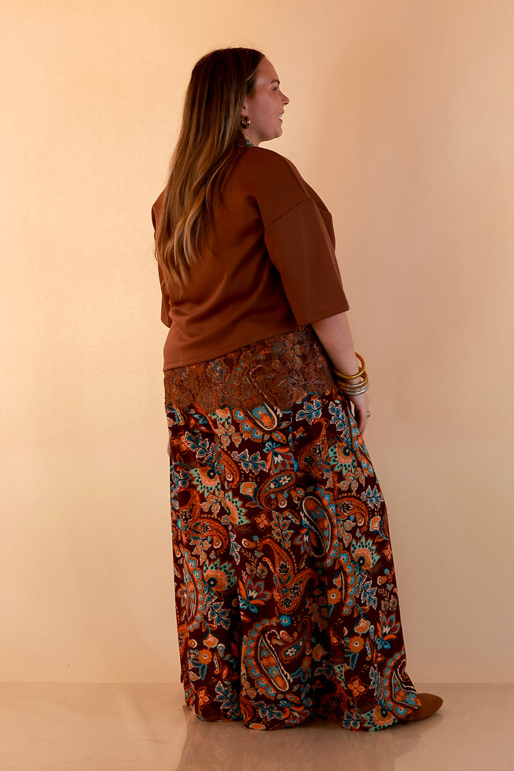 Laced with Charm Oversized Asymmetrical Lace Trim Boxy Top in Coco Brown
