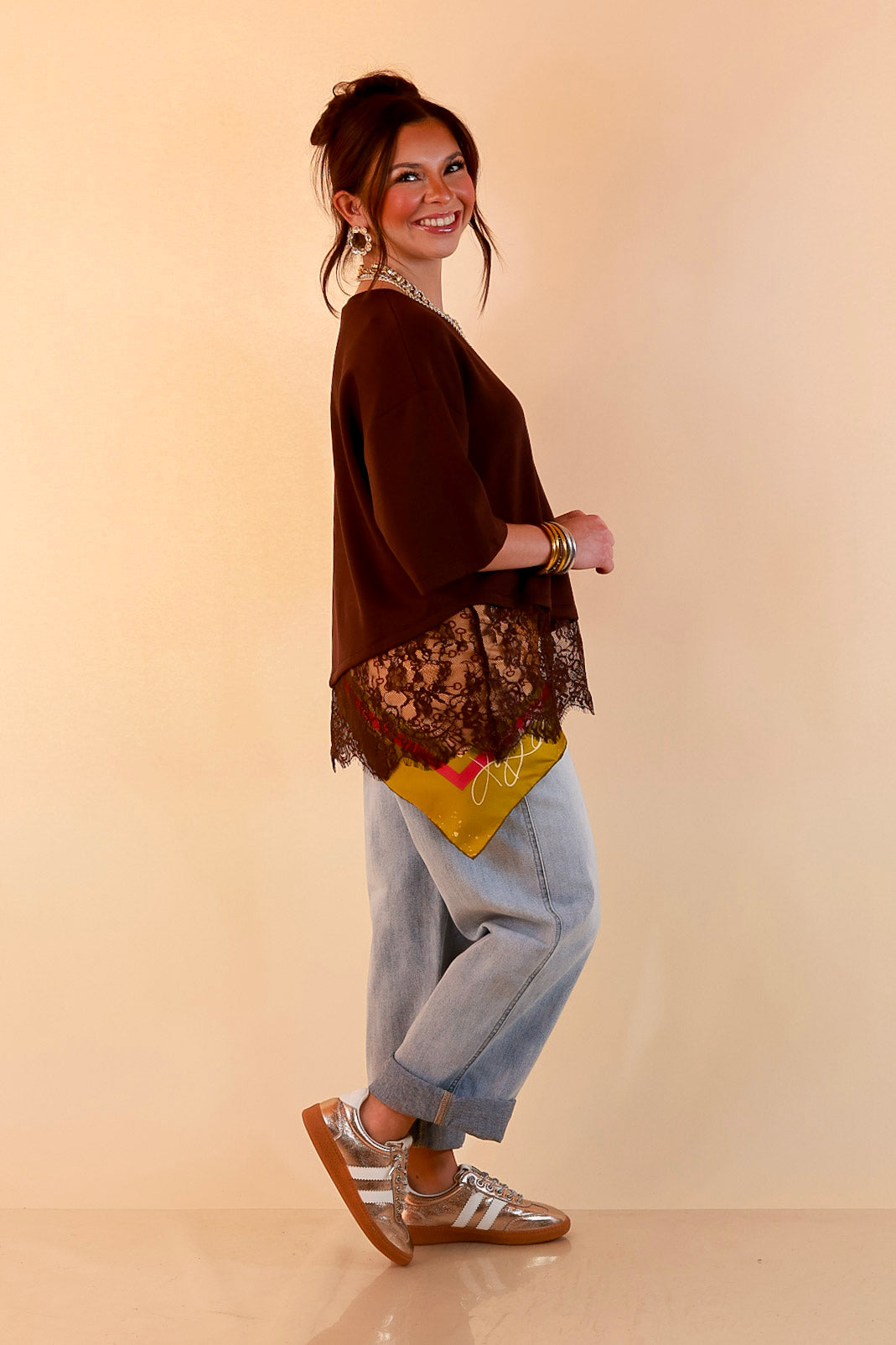 Laced with Charm Oversized Asymmetrical Lace Trim Boxy Top in Chocolate Brown