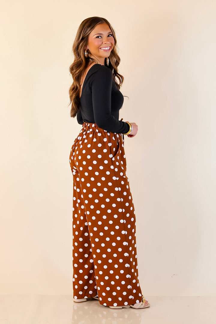 Pairs Well with Others Polka Dot Print Drawstring Pants with Elastic Waistband in Brown