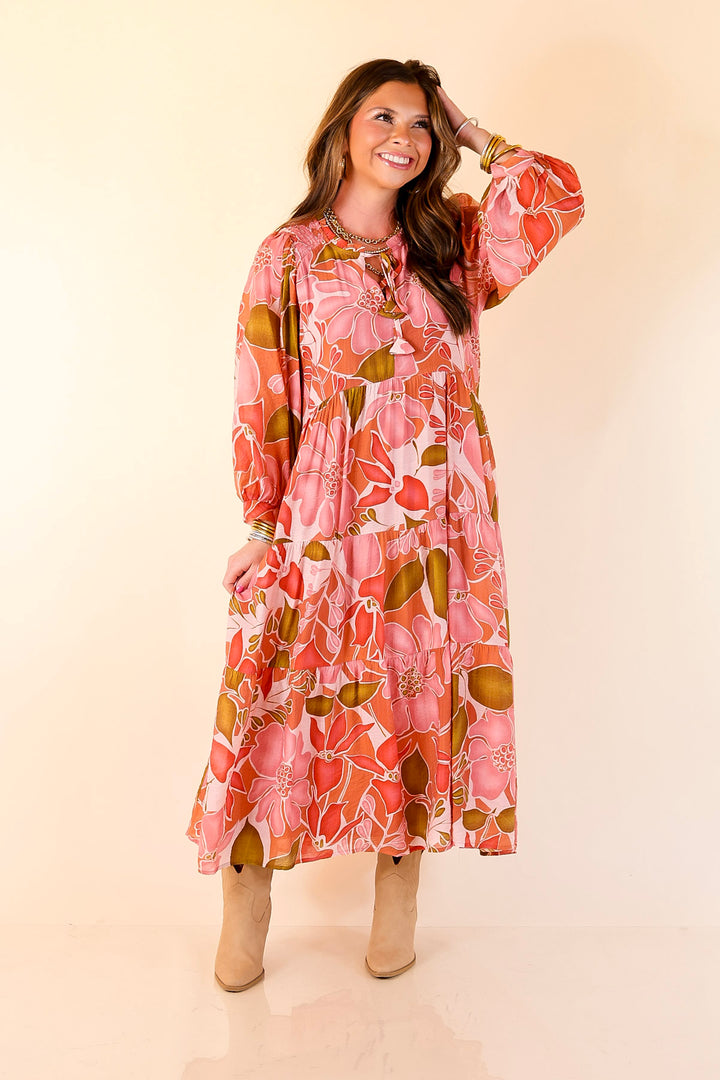 Budding Beauty Floral Print Midi Dress in Pink and Olive Green Mix