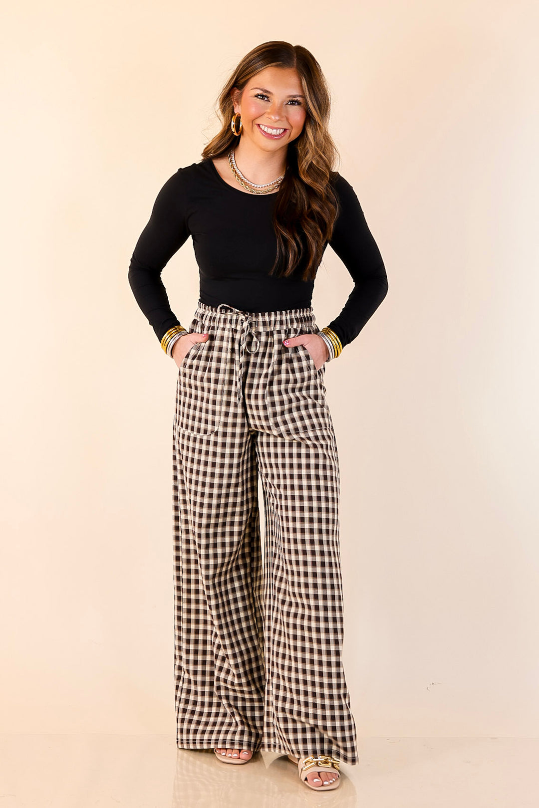 Pairs Well with Others Plaid Checkered Print Drawstring Pants with Elastic Waistband in Ivory