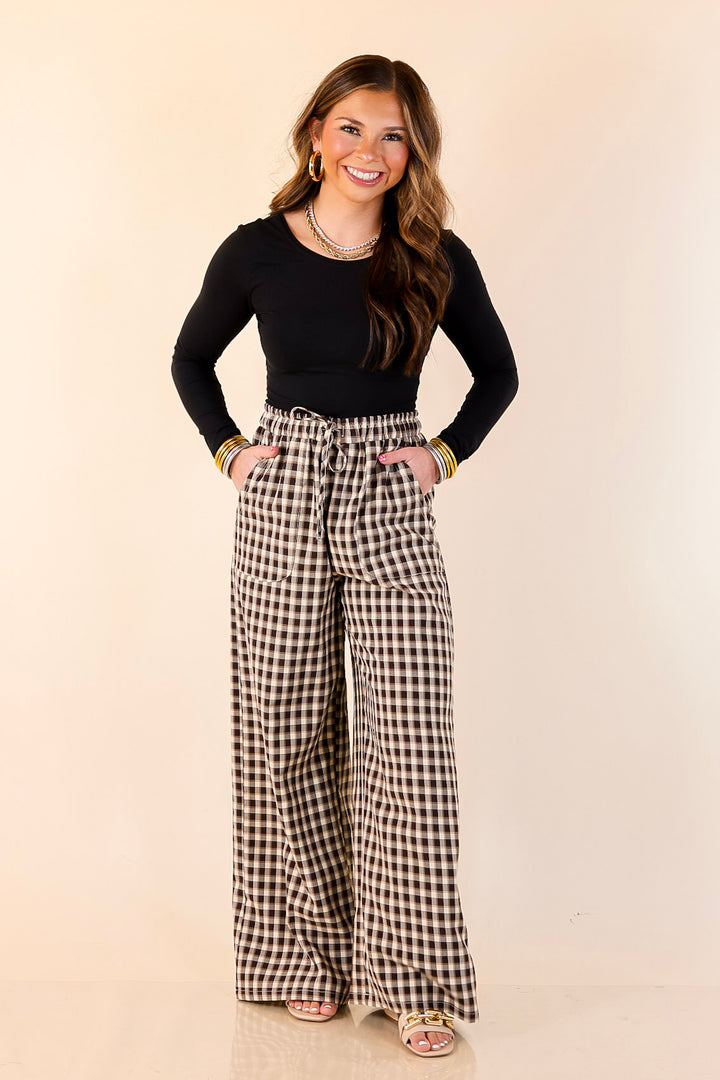 Pairs Well with Others Plaid Checkered Print Drawstring Pants with Elastic Waistband in Ivory
